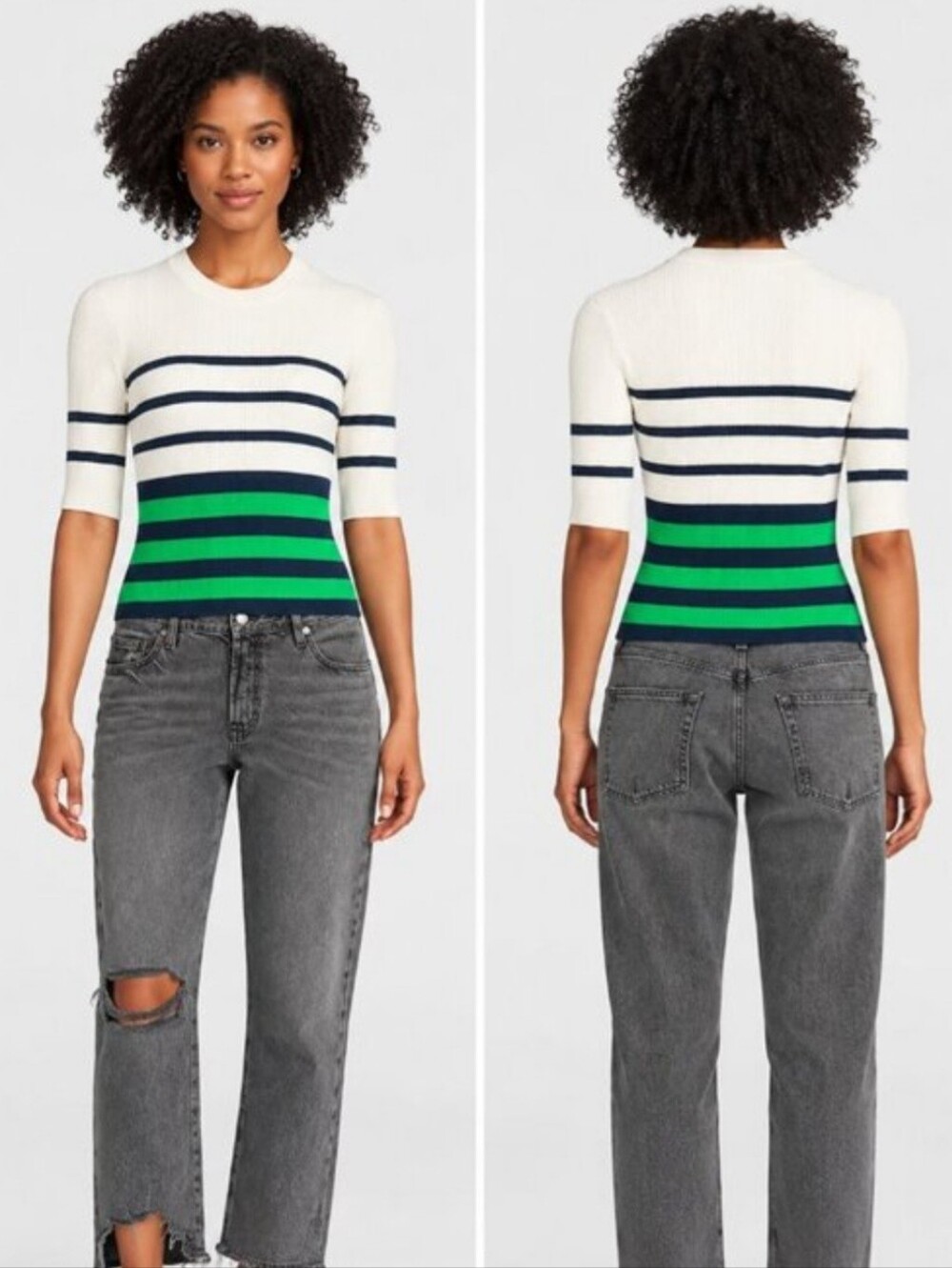 Frame Ribbed Knit Striped Crewneck Sweater in White, Navy & Green Size Small